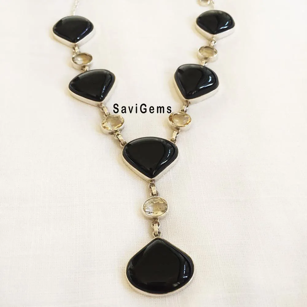 Black Onyx & Citrine Statement Sterling Silver Necklace
