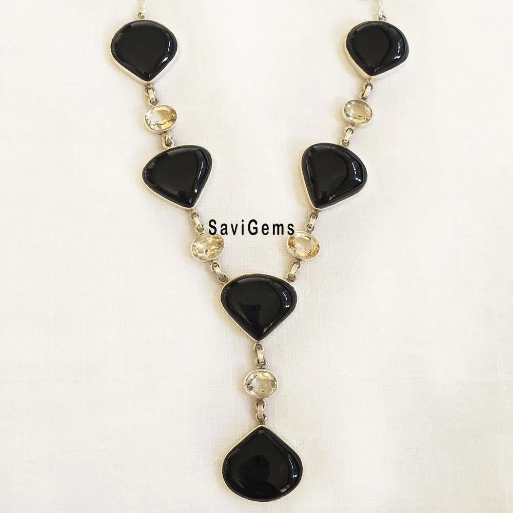 Black Onyx & Citrine Statement Sterling Silver Necklace