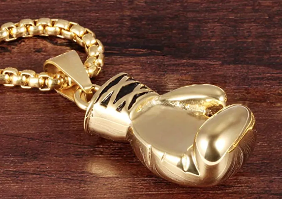 Boxing Gloves Chain Silver Color Metal Alloy Boxing Gloves Gold Necklace Boxing Jewelry Black Gloves 24in.