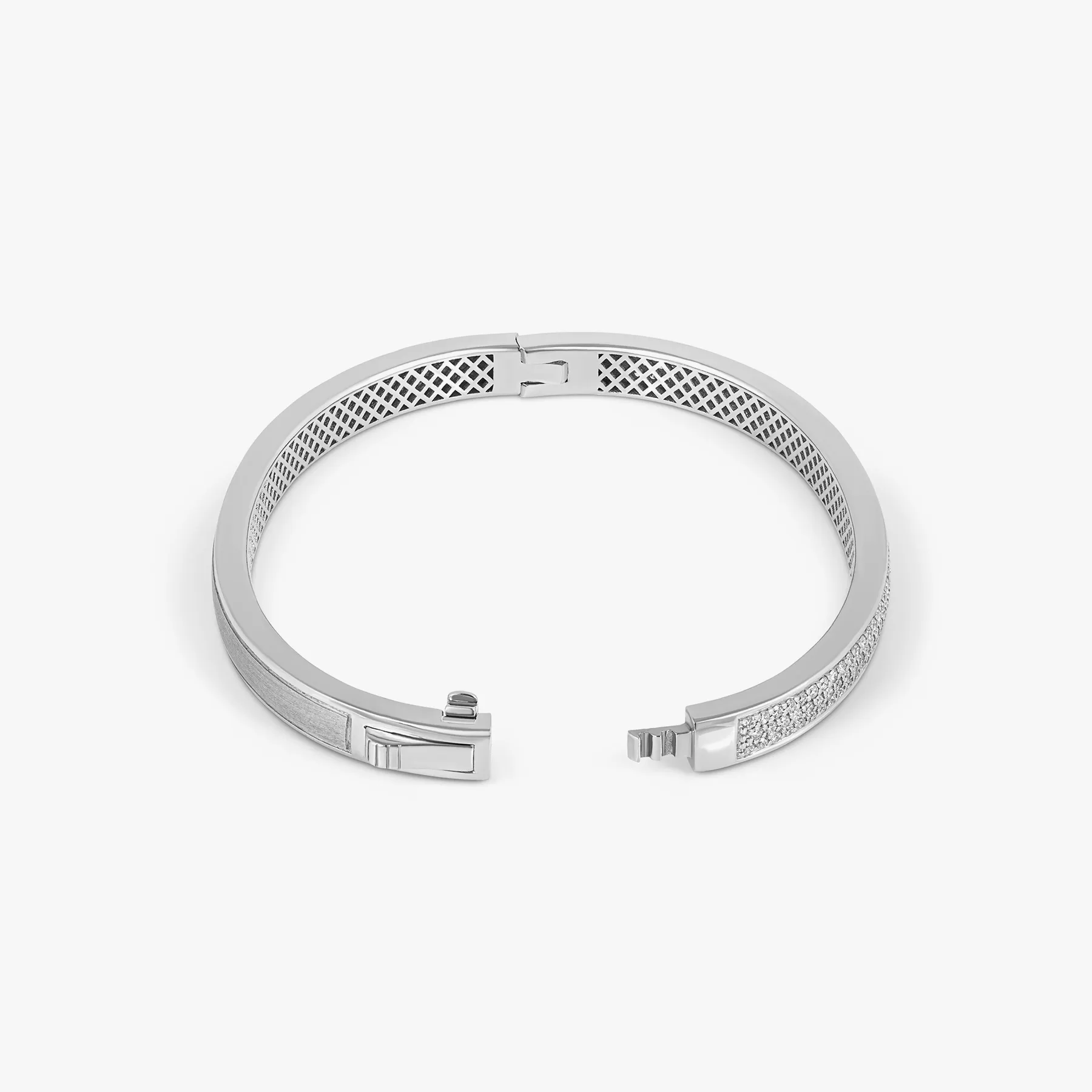Buckingham Hinge Cuff Bangle in Rhodium Plated Silver with White Diamonds