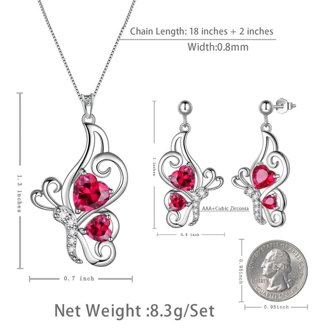 Butterfly Birthstone July Ruby Jewelry Set 3PCS Women Girls Birthday Gift
