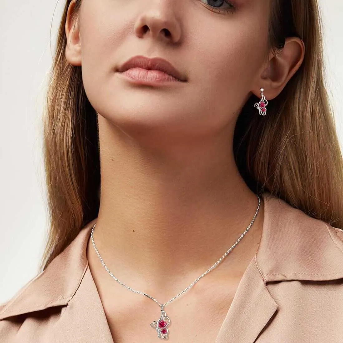 Butterfly Birthstone July Ruby Jewelry Set 3PCS Women Girls Birthday Gift