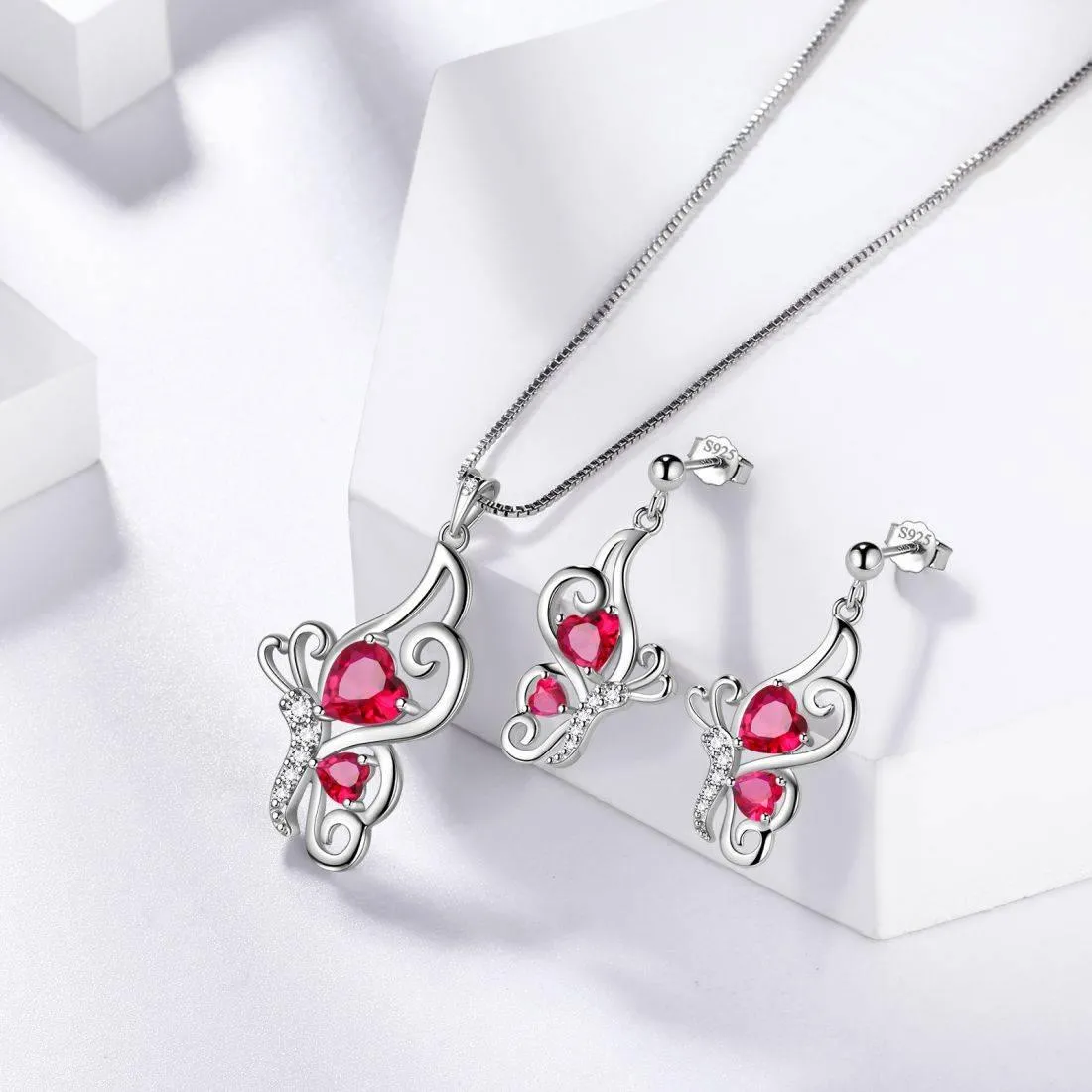 Butterfly Birthstone July Ruby Jewelry Set 3PCS Women Girls Birthday Gift
