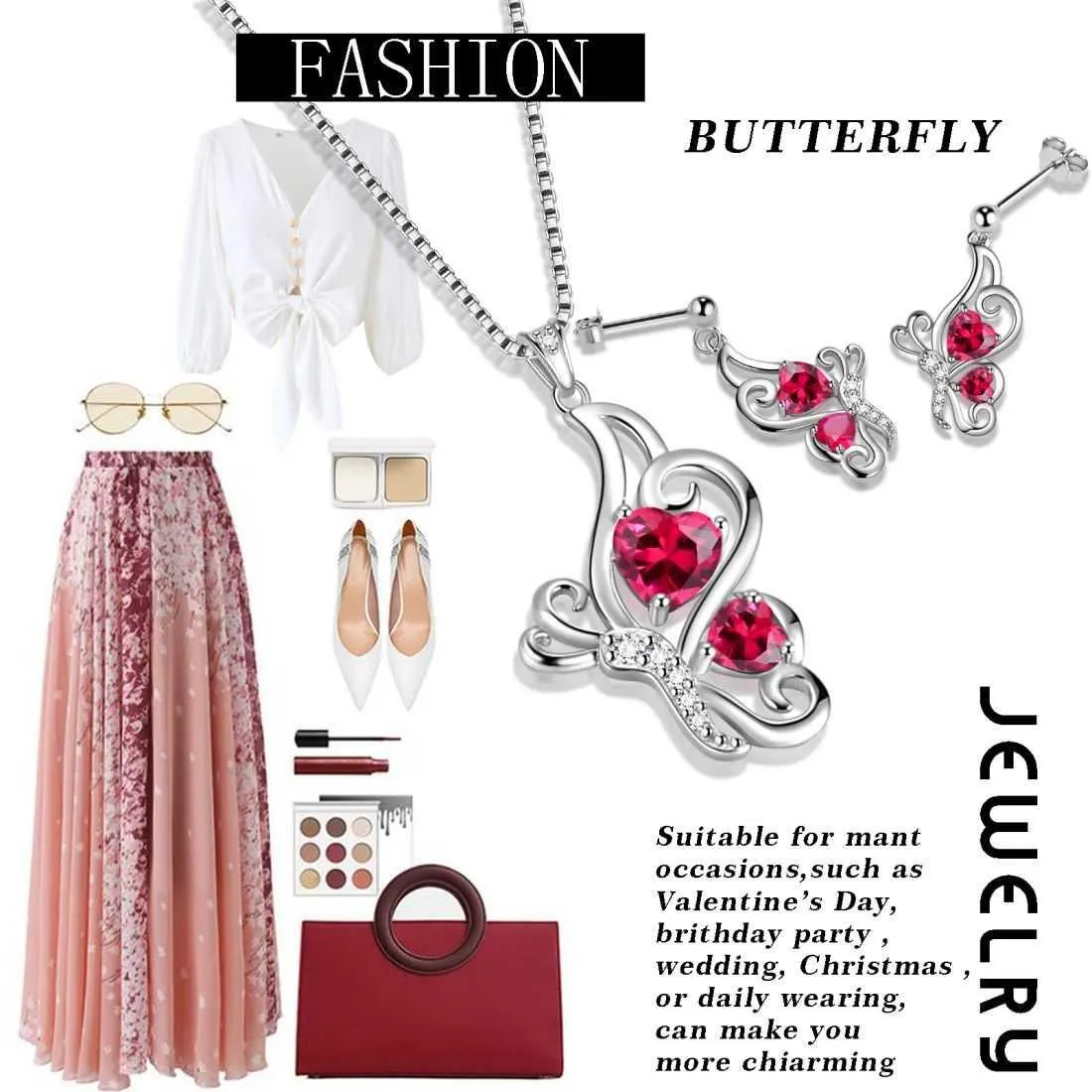 Butterfly Birthstone July Ruby Jewelry Set 3PCS Women Girls Birthday Gift