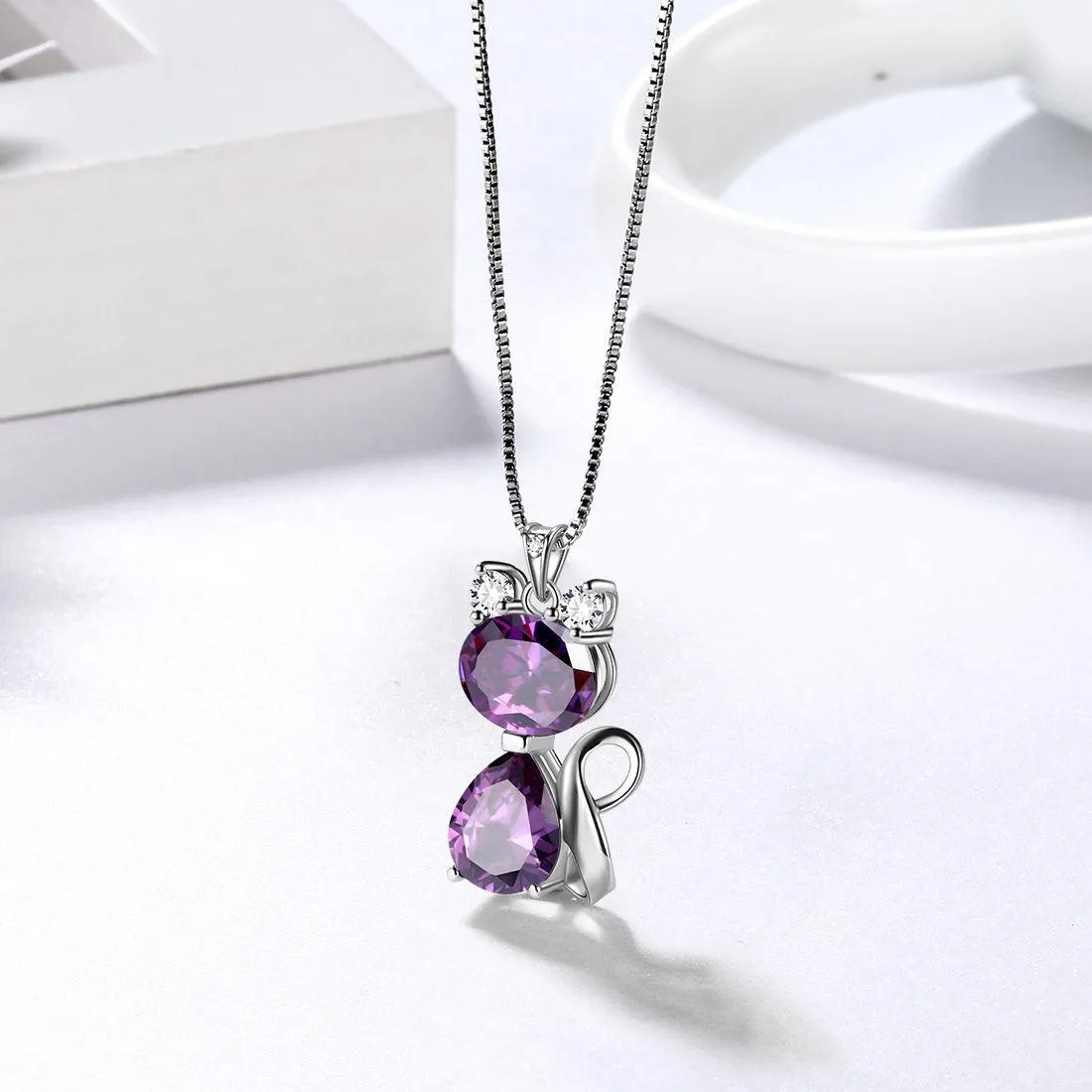 Cat Birthstone February Amethyst Necklace Women Girls Jewelry Birthday Gift Sterling Silver