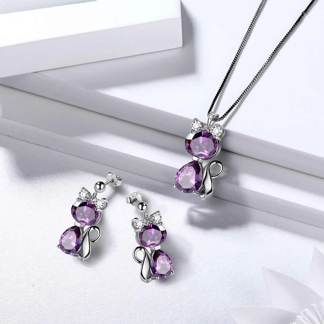 Cat Birthstone February Amethyst Necklace Women Girls Jewelry Birthday Gift Sterling Silver