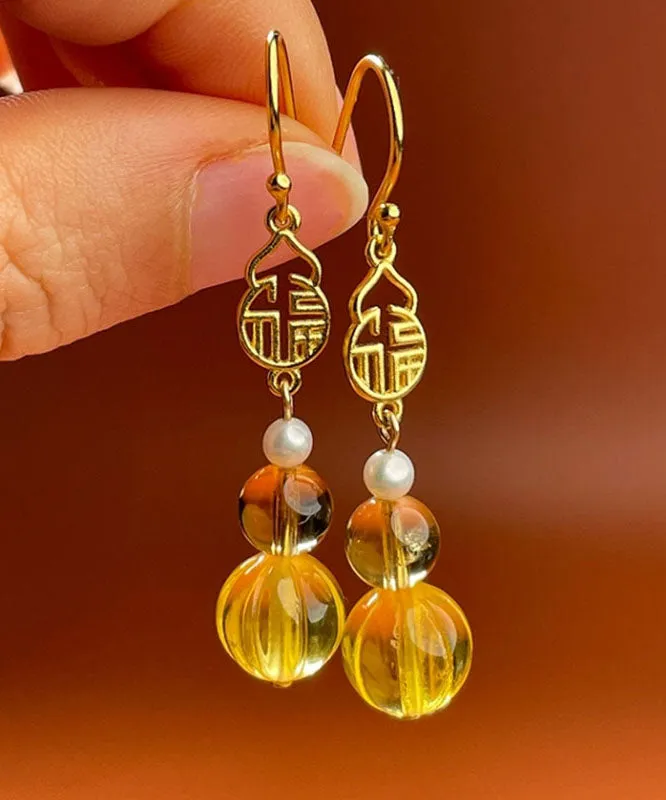 Chic Yellow Sterling Silver Overgild Pearl Crystal Amber Graphic Drop Earrings LY9210