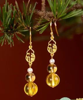 Chic Yellow Sterling Silver Overgild Pearl Crystal Amber Graphic Drop Earrings LY9210