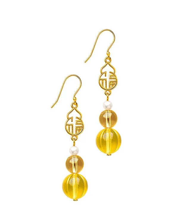 Chic Yellow Sterling Silver Overgild Pearl Crystal Amber Graphic Drop Earrings LY9210