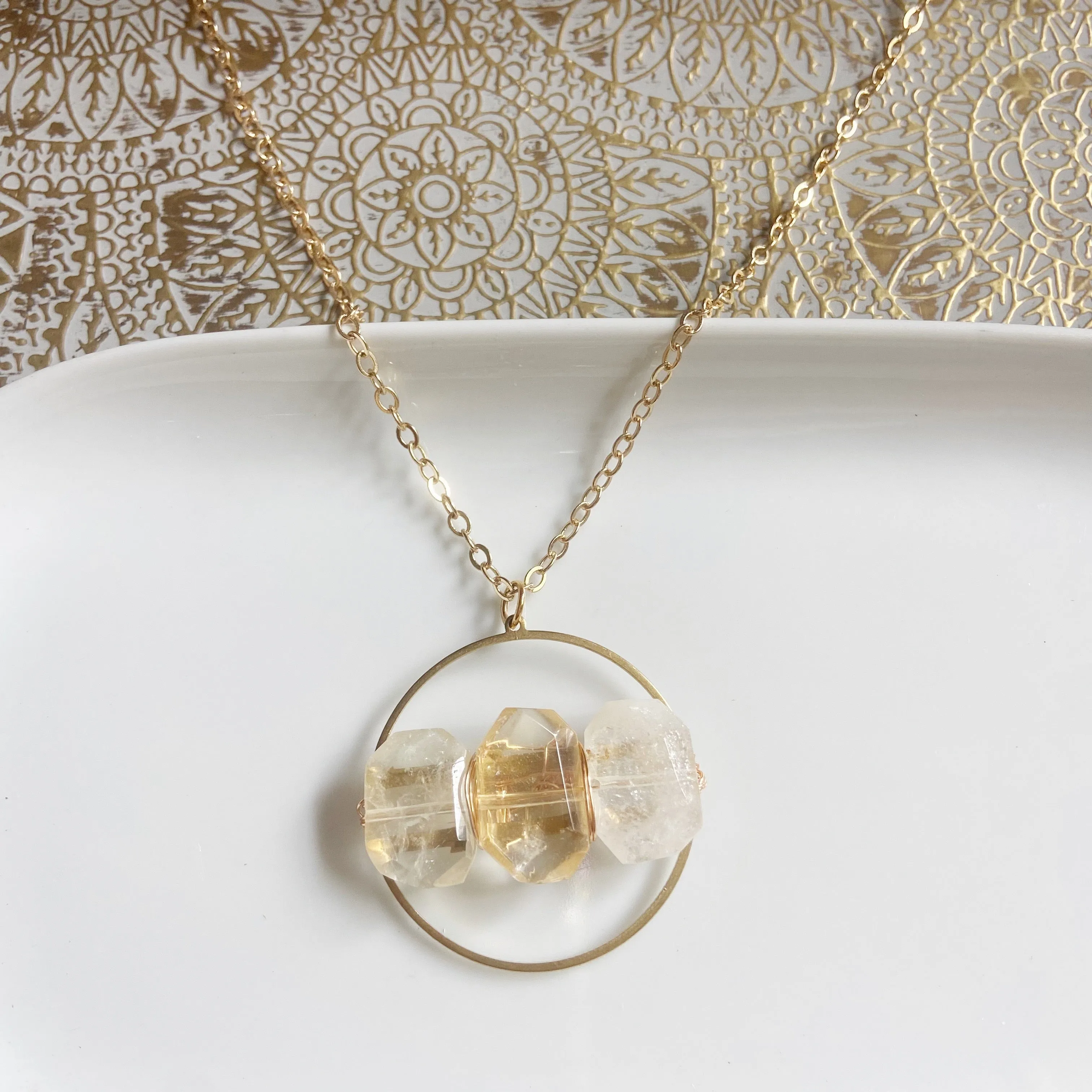 Citrine or Gold Foil Qtz  Medallion Long Pendant Necklace