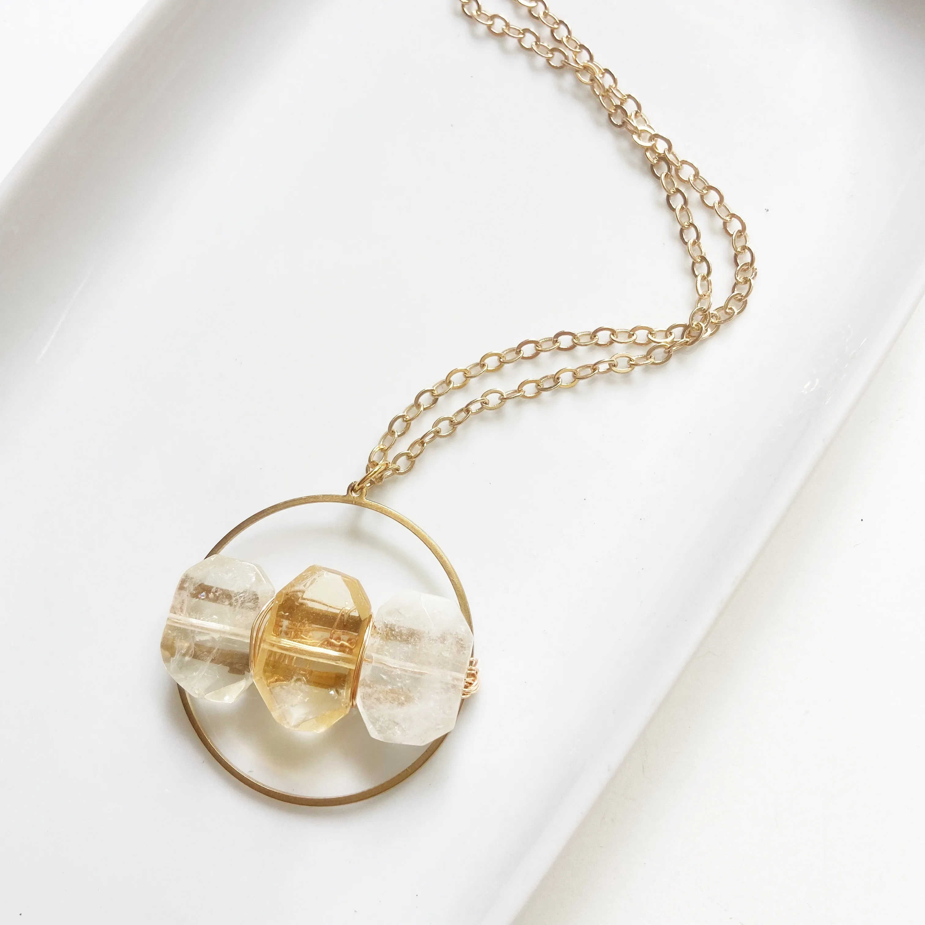 Citrine or Gold Foil Qtz  Medallion Long Pendant Necklace