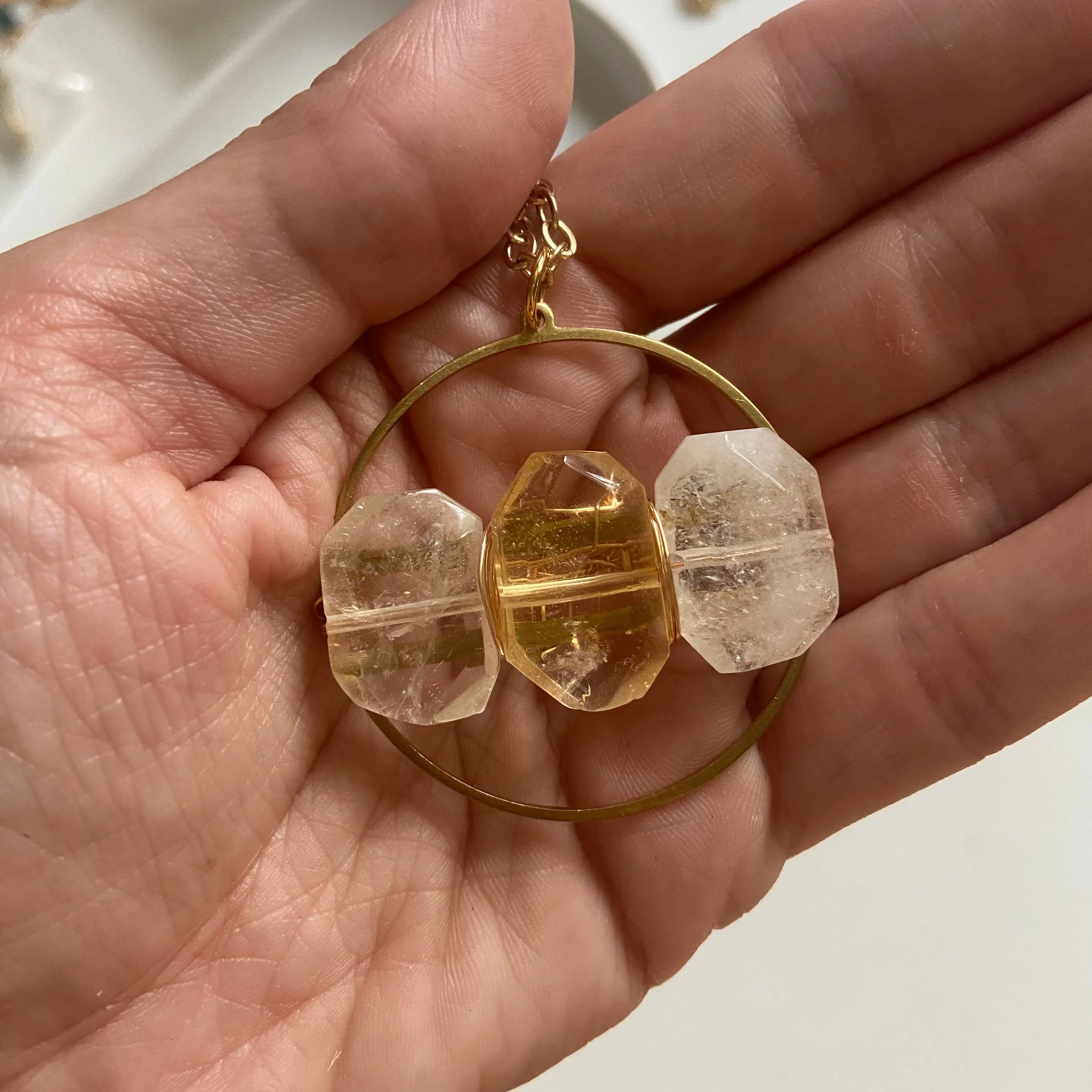Citrine or Gold Foil Qtz  Medallion Long Pendant Necklace