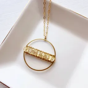 Citrine or Gold Foil Qtz  Medallion Long Pendant Necklace