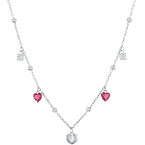 Classic Women's Necklace - Sterling Silver White and Ruby CZ Heart Beaded | M-6813