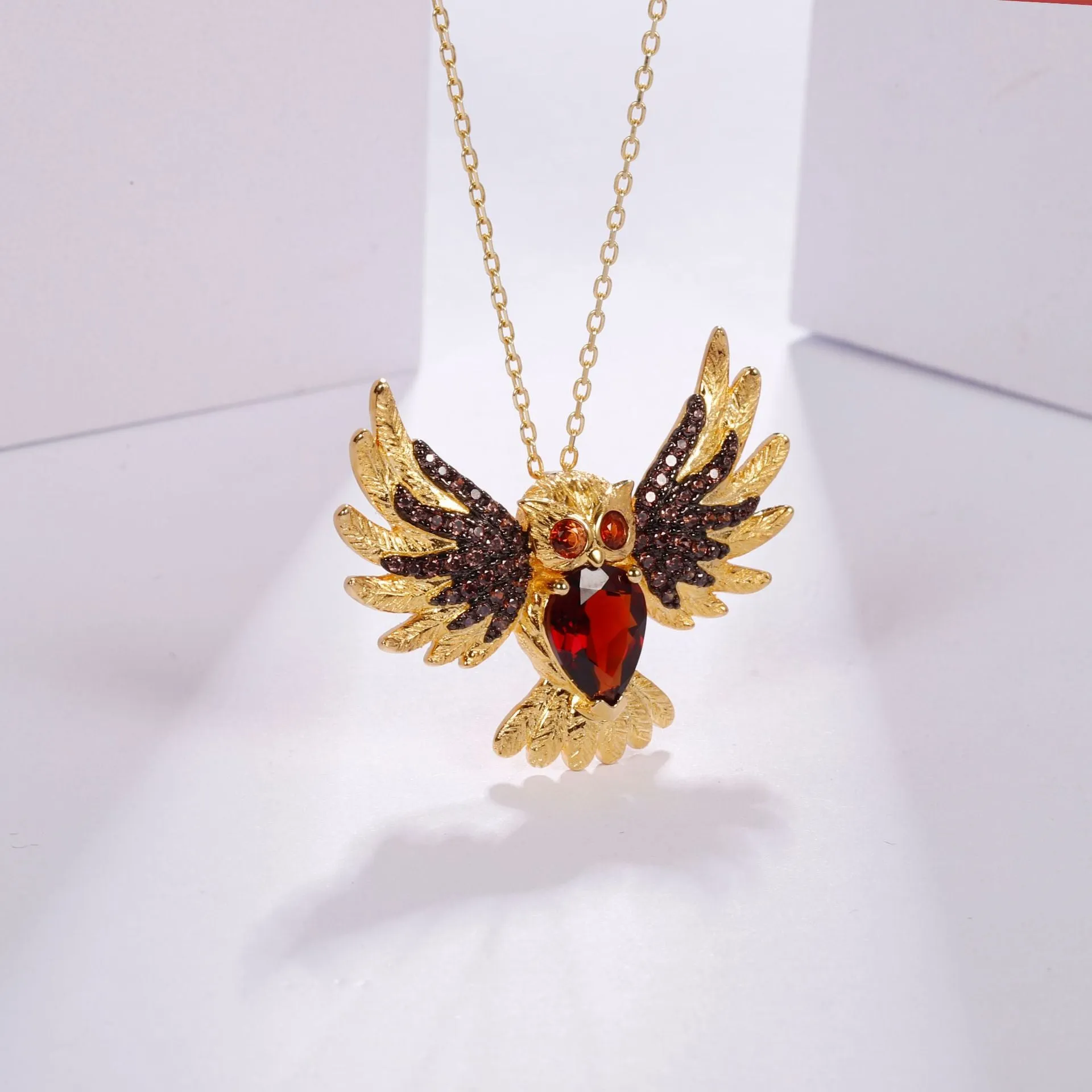 Colourful Treasure Brooch Pendant Dual-use Design Flying Owl Pendant  Silver Necklace for Women