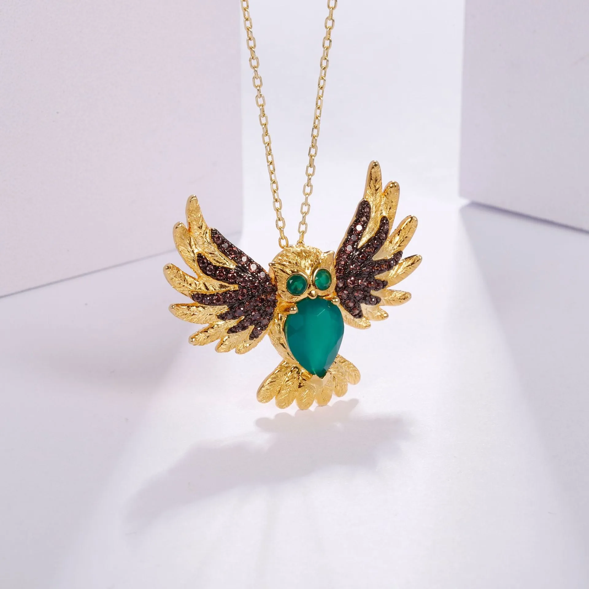 Colourful Treasure Brooch Pendant Dual-use Design Flying Owl Pendant  Silver Necklace for Women