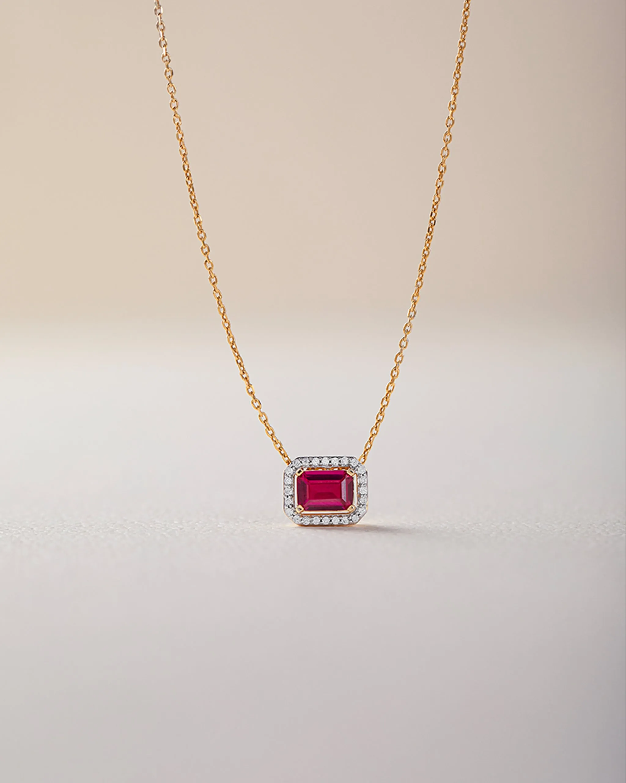 Created Ruby Halo Diamond Necklace