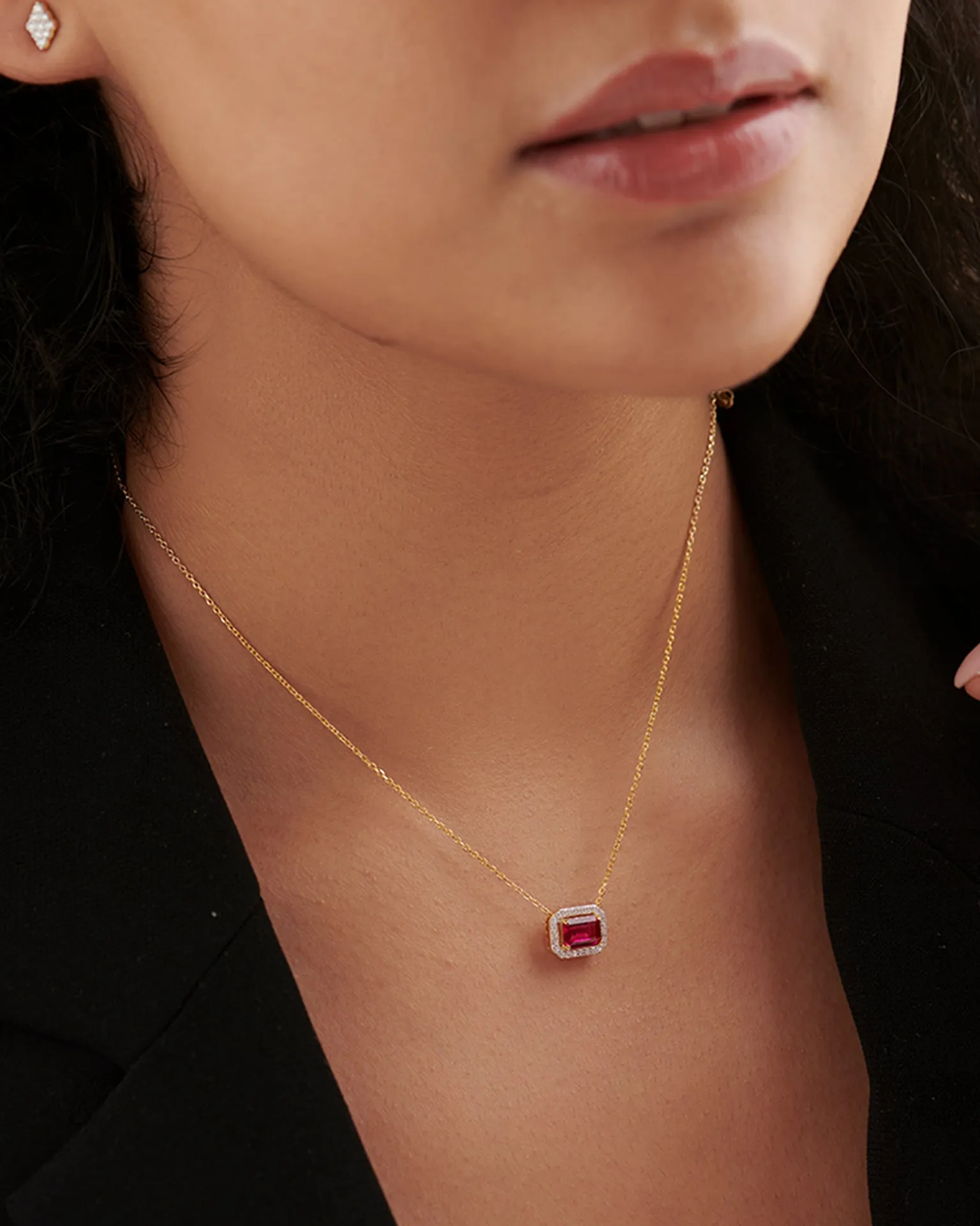 Created Ruby Halo Diamond Necklace