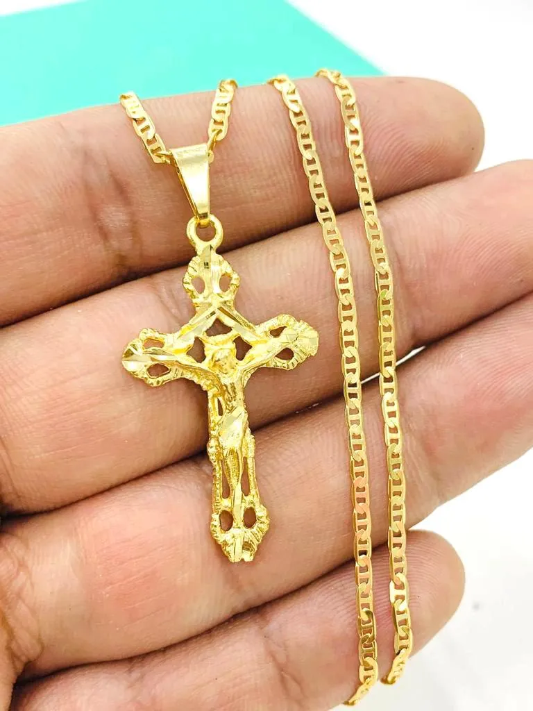 Cross Necklace Yellow Gold Filled Diamond Cut 37x21 Womens Mens Necklace Everyday Necklace Baptism Gift Communion Cross pendant Dije de Cruz