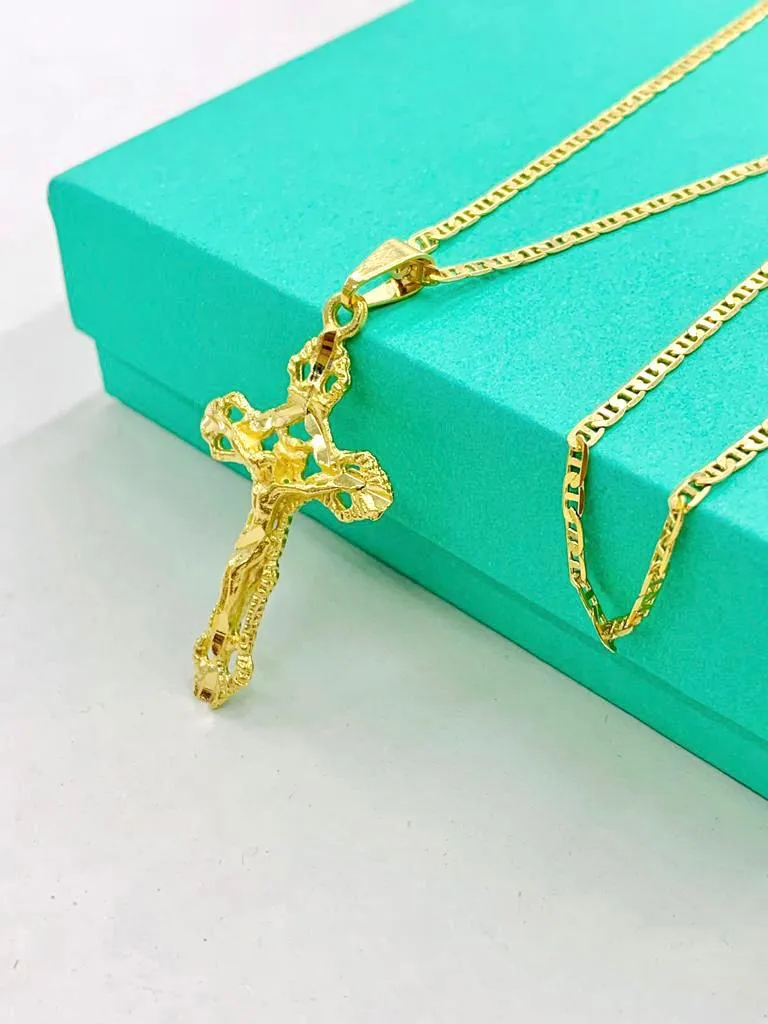 Cross Necklace Yellow Gold Filled Diamond Cut 37x21 Womens Mens Necklace Everyday Necklace Baptism Gift Communion Cross pendant Dije de Cruz