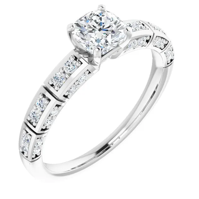 Cubic Zirconia Engagement Ring- The Anna (Customizable Cushion Cut Style with Three-sided, Segmented Shared Prong Band)
