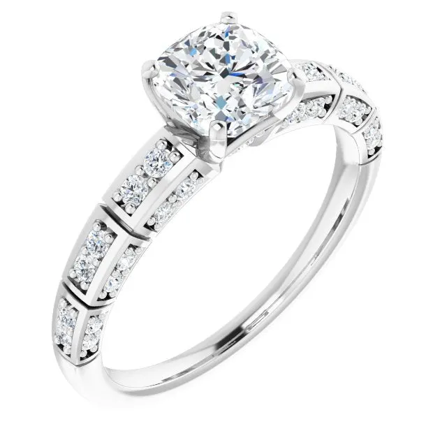 Cubic Zirconia Engagement Ring- The Anna (Customizable Cushion Cut Style with Three-sided, Segmented Shared Prong Band)