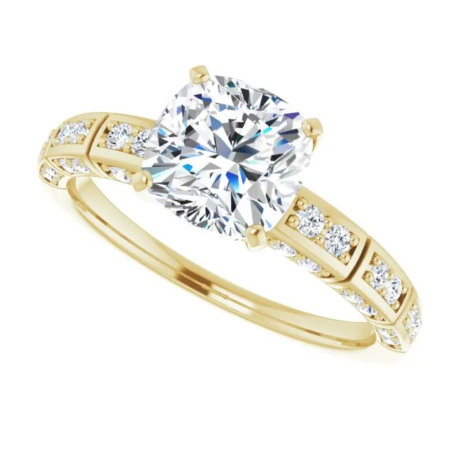 Cubic Zirconia Engagement Ring- The Anna (Customizable Cushion Cut Style with Three-sided, Segmented Shared Prong Band)