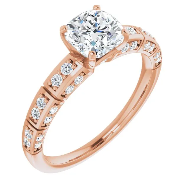 Cubic Zirconia Engagement Ring- The Anna (Customizable Cushion Cut Style with Three-sided, Segmented Shared Prong Band)