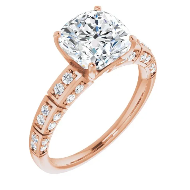 Cubic Zirconia Engagement Ring- The Anna (Customizable Cushion Cut Style with Three-sided, Segmented Shared Prong Band)