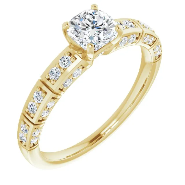Cubic Zirconia Engagement Ring- The Anna (Customizable Cushion Cut Style with Three-sided, Segmented Shared Prong Band)