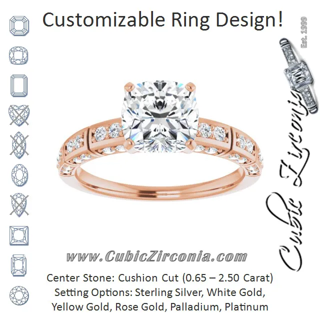 Cubic Zirconia Engagement Ring- The Anna (Customizable Cushion Cut Style with Three-sided, Segmented Shared Prong Band)