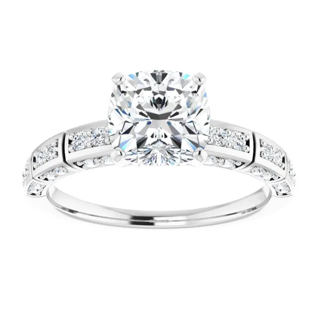 Cubic Zirconia Engagement Ring- The Anna (Customizable Cushion Cut Style with Three-sided, Segmented Shared Prong Band)
