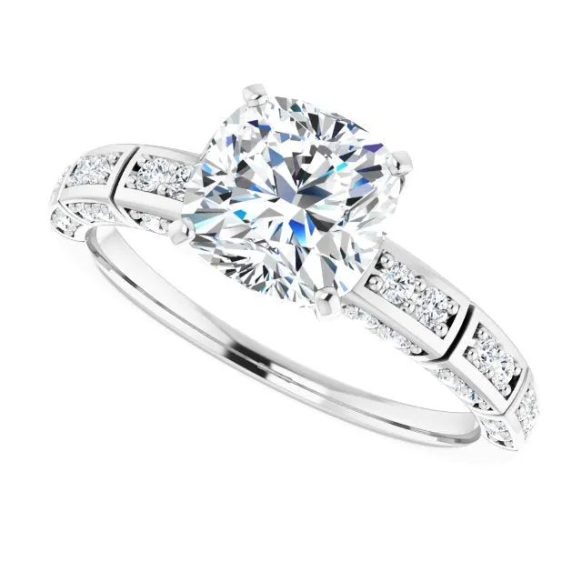 Cubic Zirconia Engagement Ring- The Anna (Customizable Cushion Cut Style with Three-sided, Segmented Shared Prong Band)