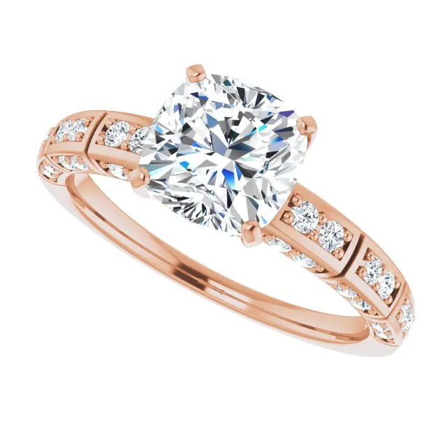 Cubic Zirconia Engagement Ring- The Anna (Customizable Cushion Cut Style with Three-sided, Segmented Shared Prong Band)
