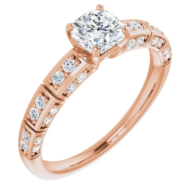 Cubic Zirconia Engagement Ring- The Anna (Customizable Cushion Cut Style with Three-sided, Segmented Shared Prong Band)
