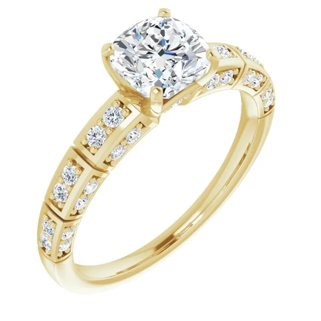 Cubic Zirconia Engagement Ring- The Anna (Customizable Cushion Cut Style with Three-sided, Segmented Shared Prong Band)