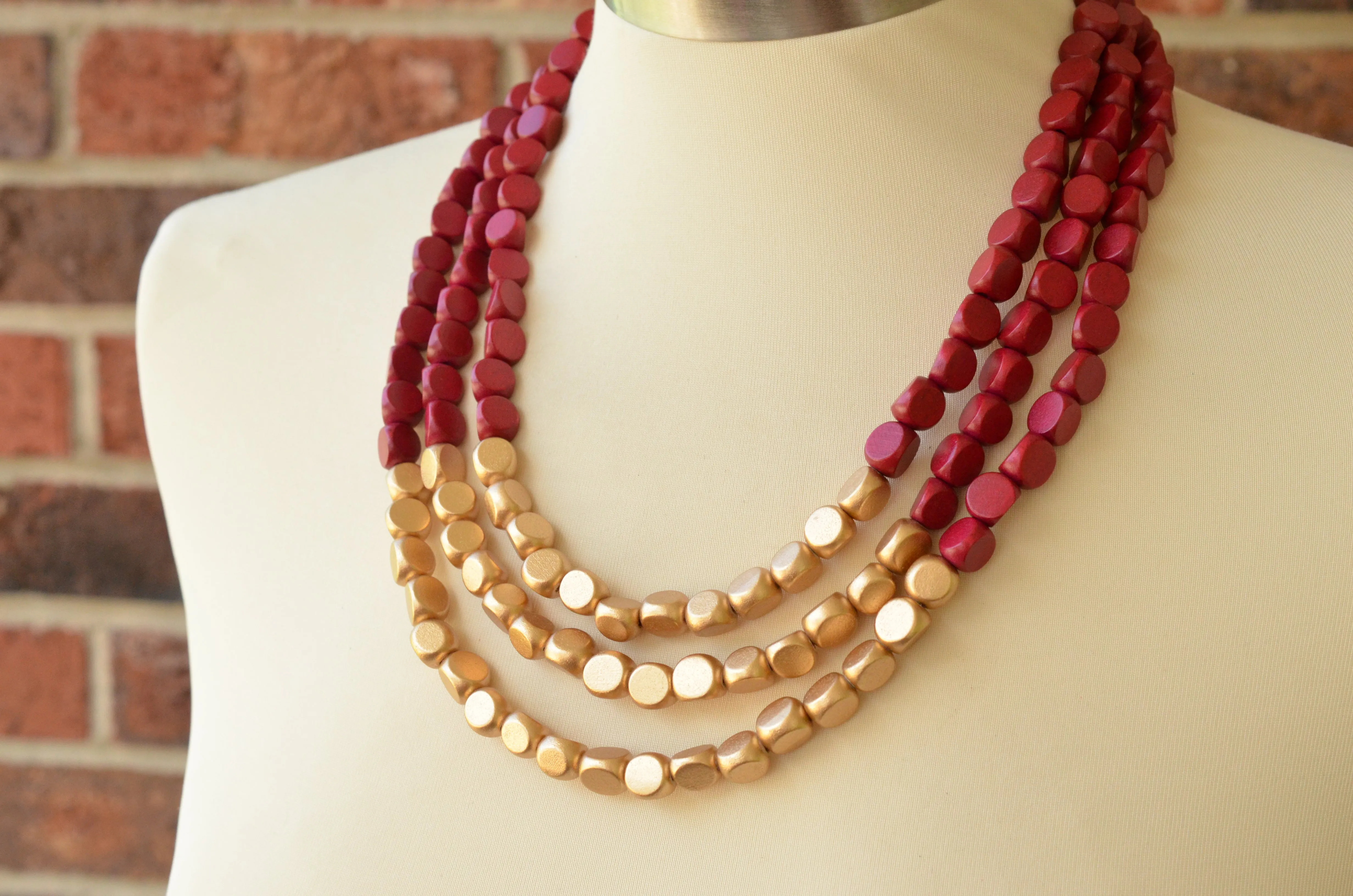 Dark Red Gold Wood Beaded Chunky Statement Necklace - Lisa