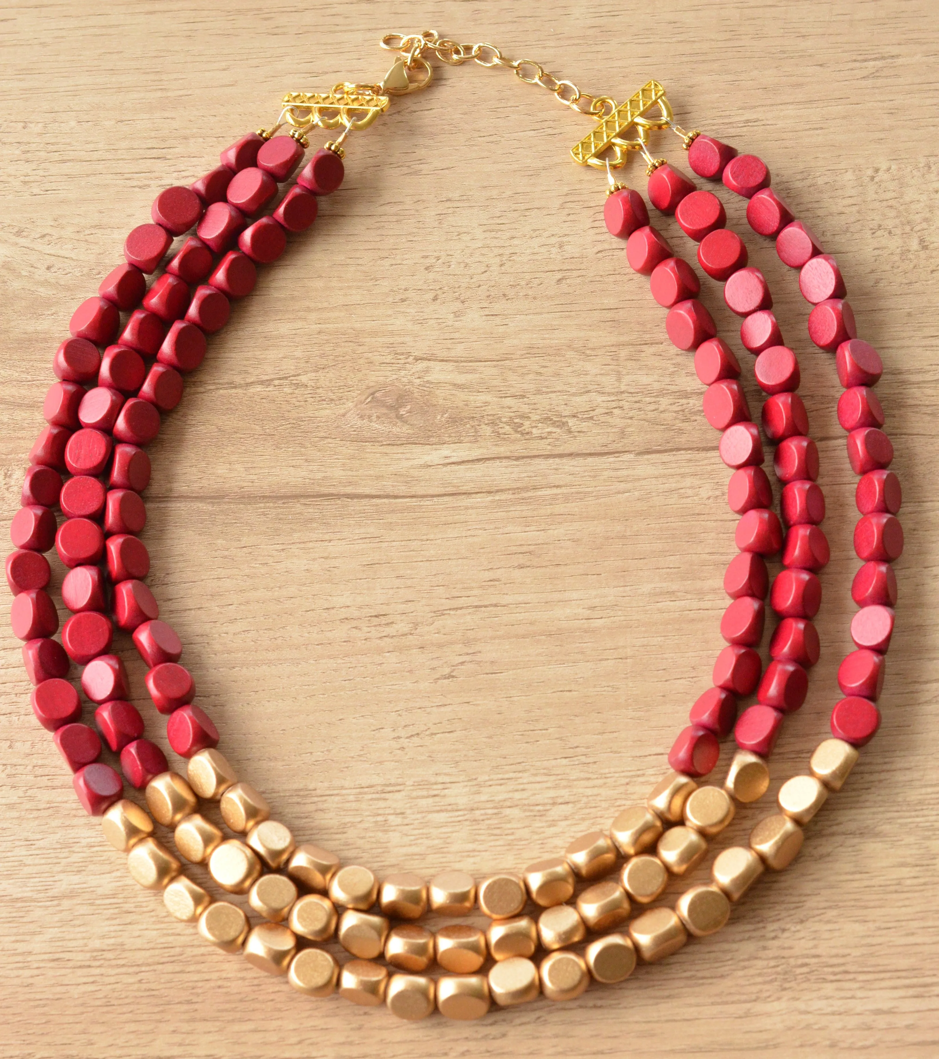 Dark Red Gold Wood Beaded Chunky Statement Necklace - Lisa