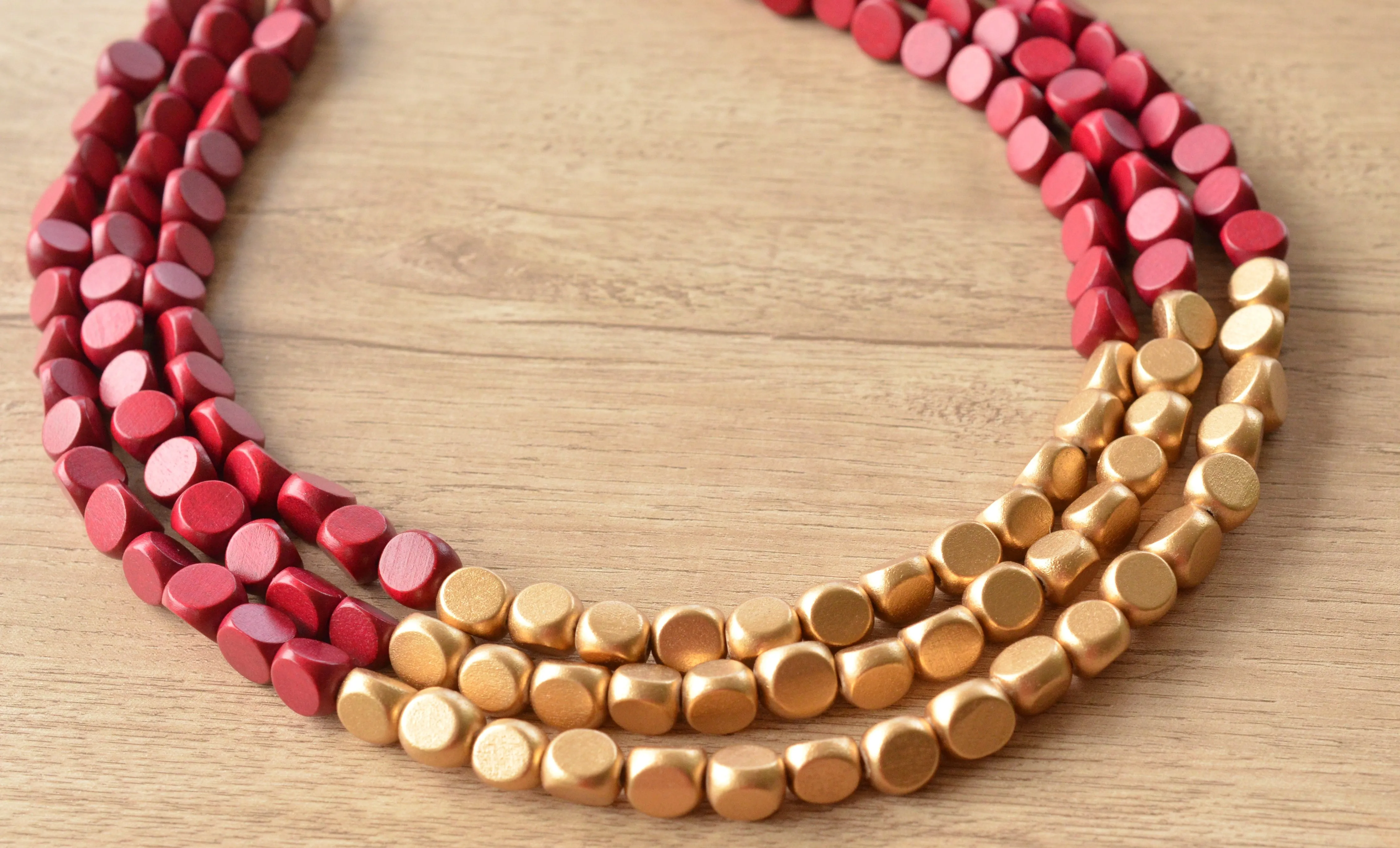 Dark Red Gold Wood Beaded Chunky Statement Necklace - Lisa
