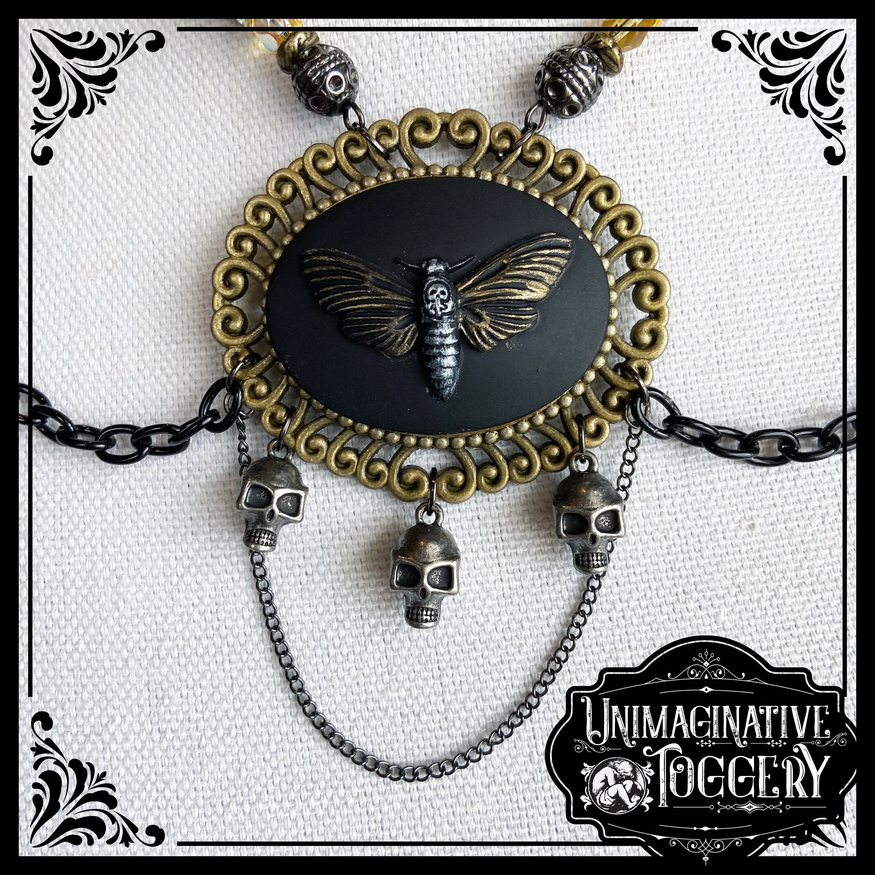 Death head moth pendant beaded necklace