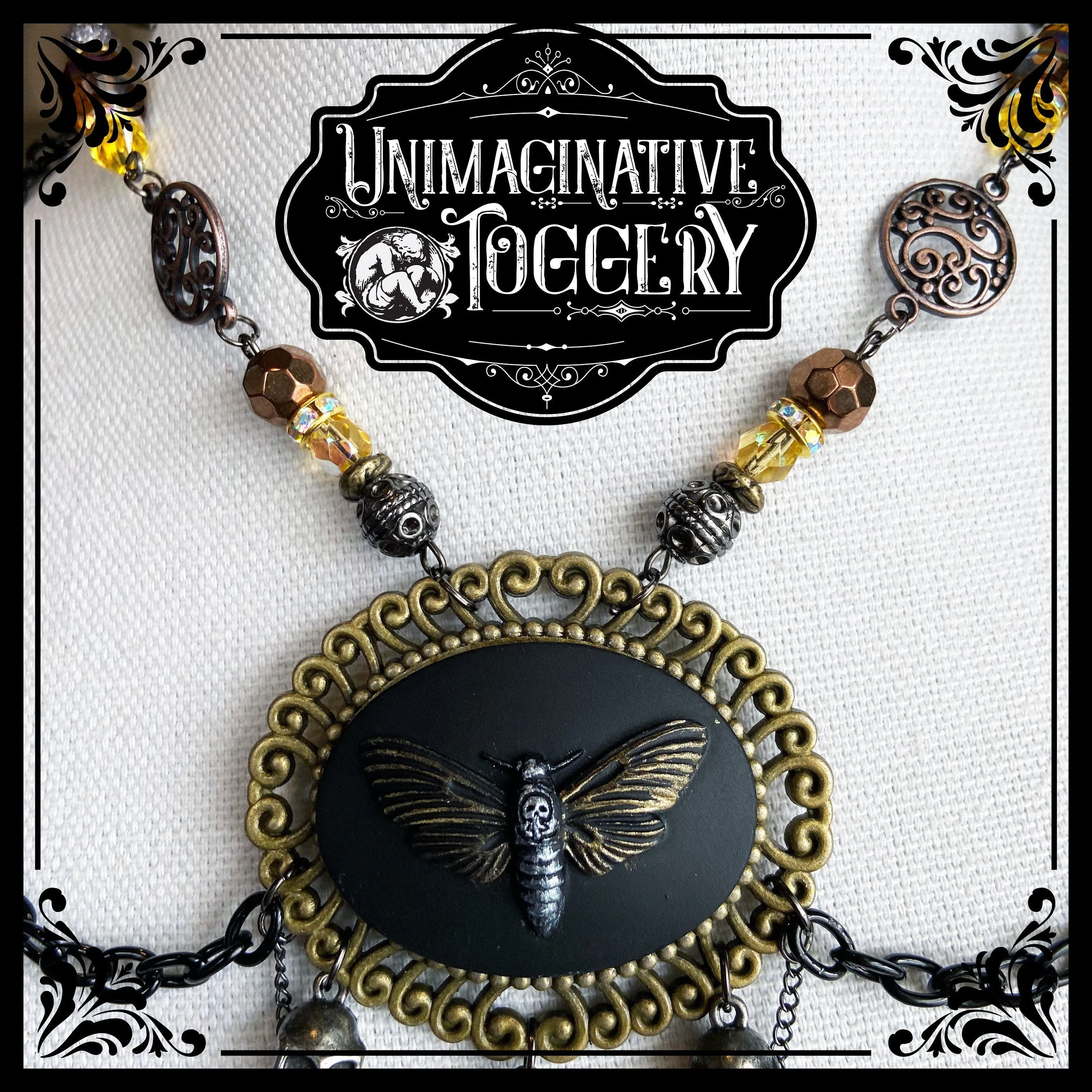 Death head moth pendant beaded necklace