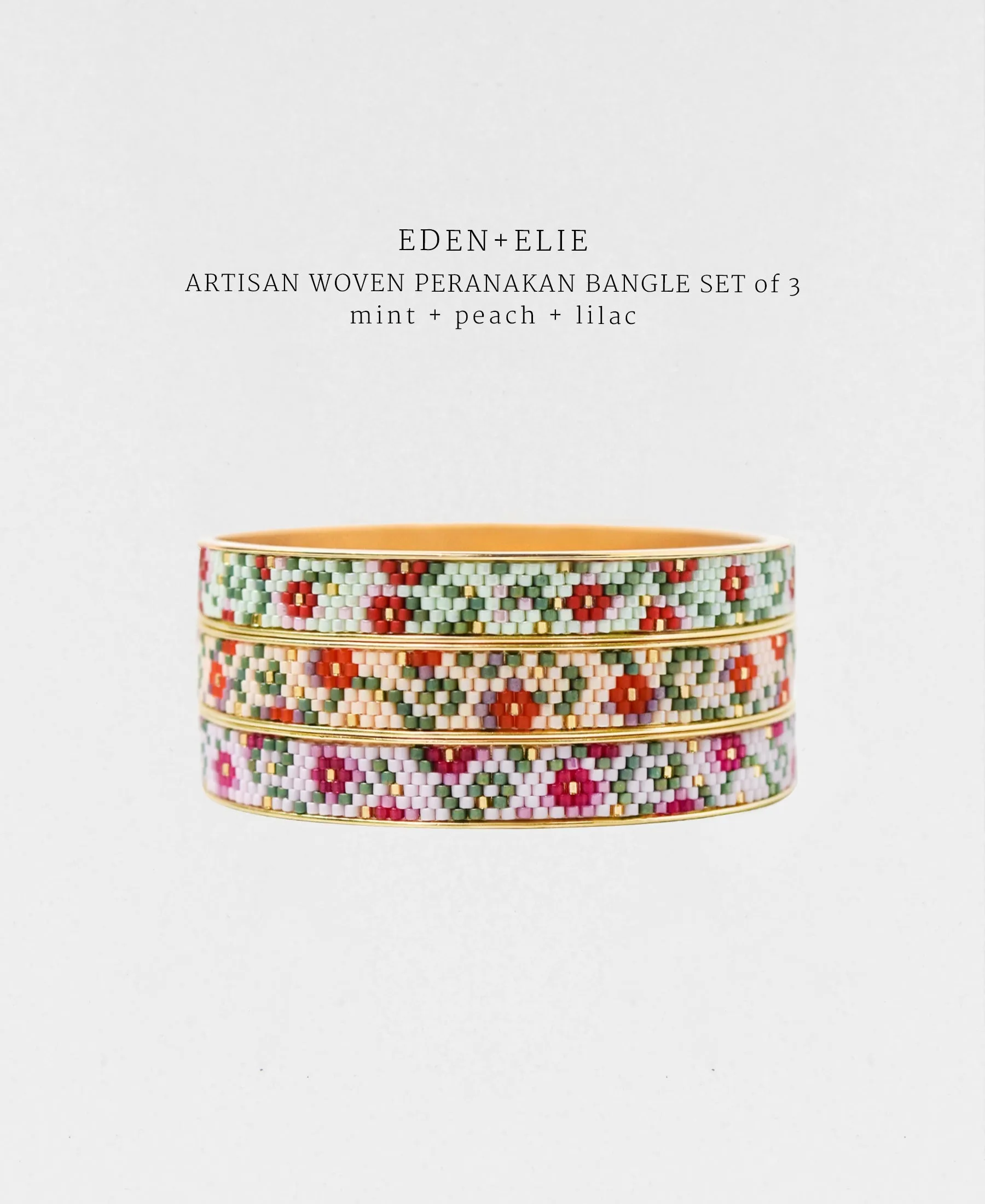 EDEN   ELIE Modern Peranakan gold narrow bangles set of 3 - mint   lilac   peach