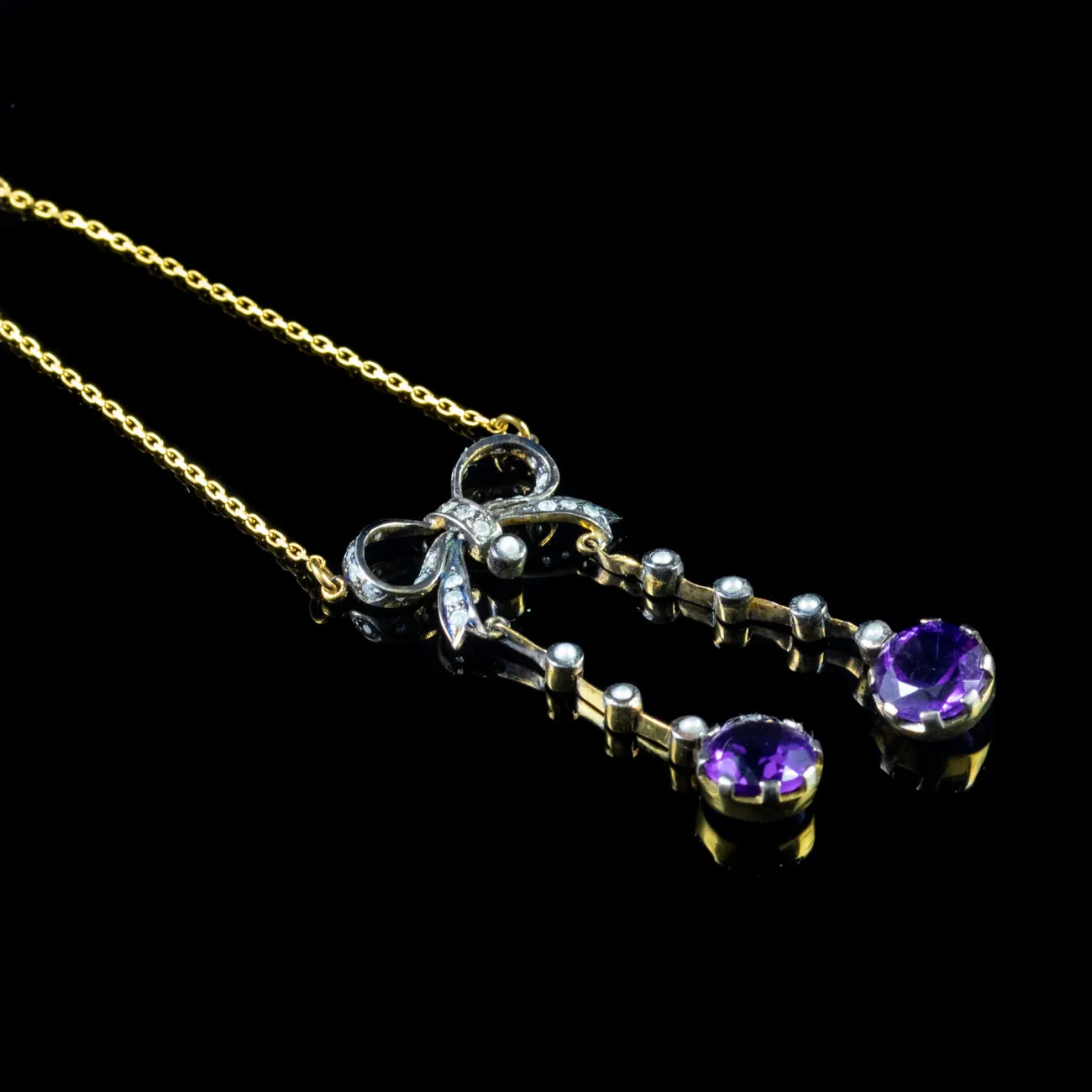 Edwardian Style Amethyst Diamond Pendant Necklace Silver 18Ct Gold Chain