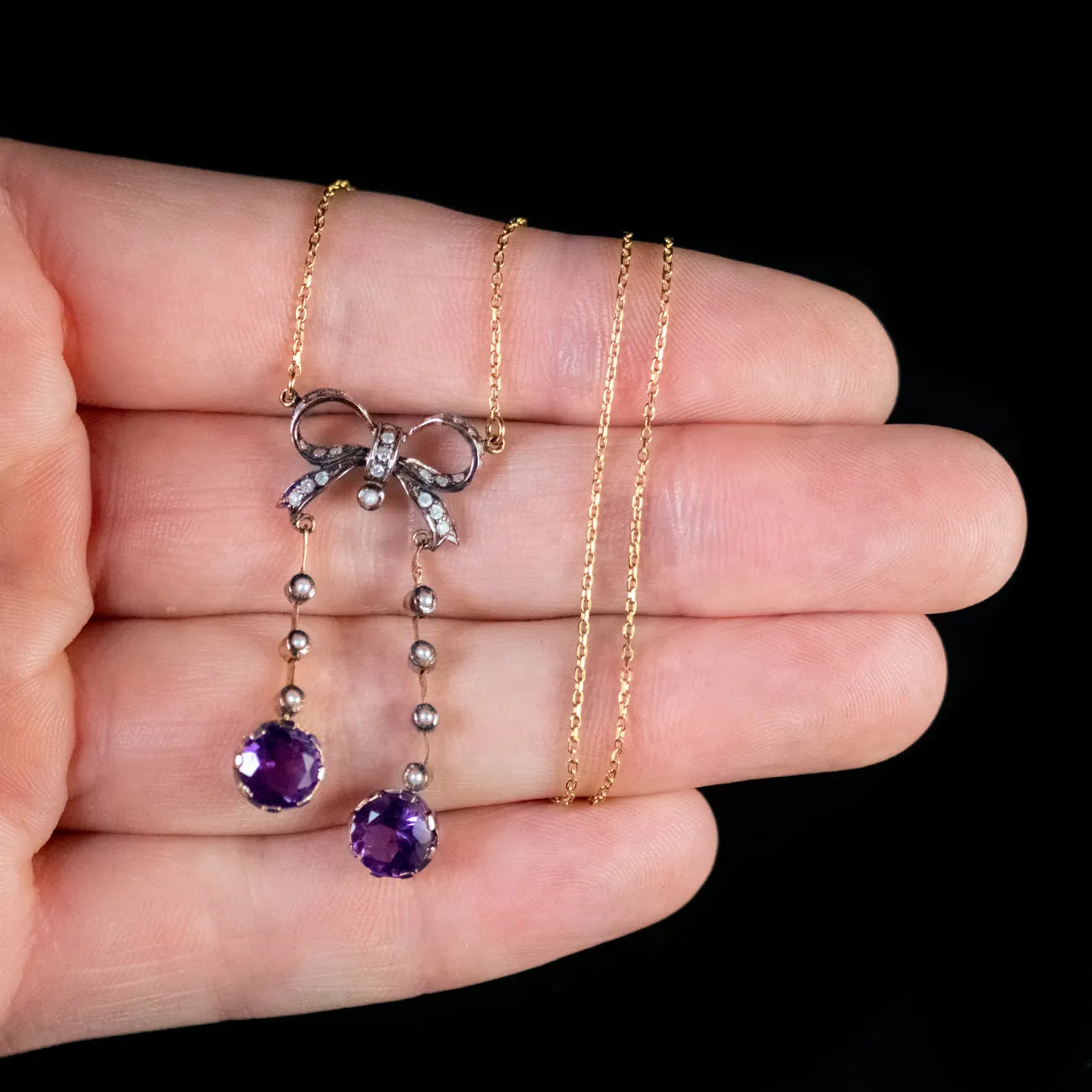Edwardian Style Amethyst Diamond Pendant Necklace Silver 18Ct Gold Chain