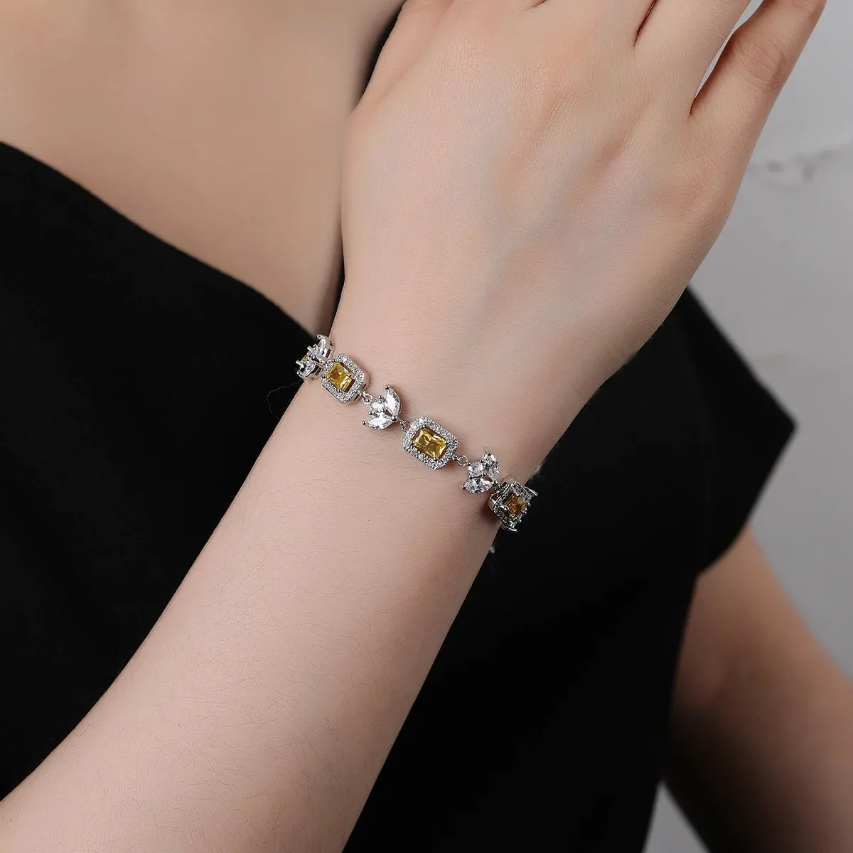Elegant Design Shiny Silver Plated Blue Square Cubic Zirconia Engagement Party Charm Bracelet Chains for Women CK10162