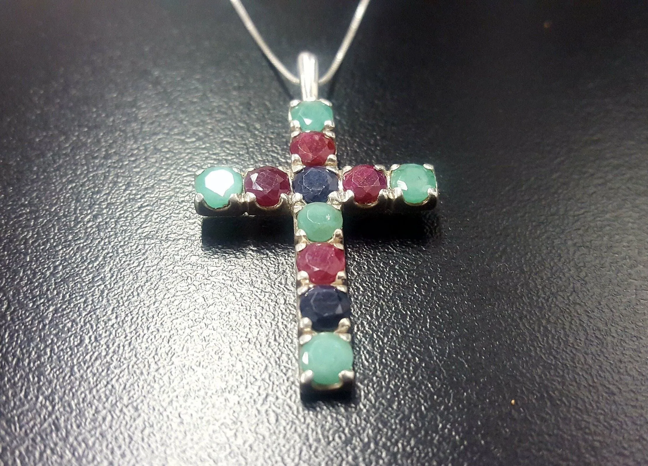Emerald Cross Pendant - Statement Cross Necklace - Silver Ruby Pendant
