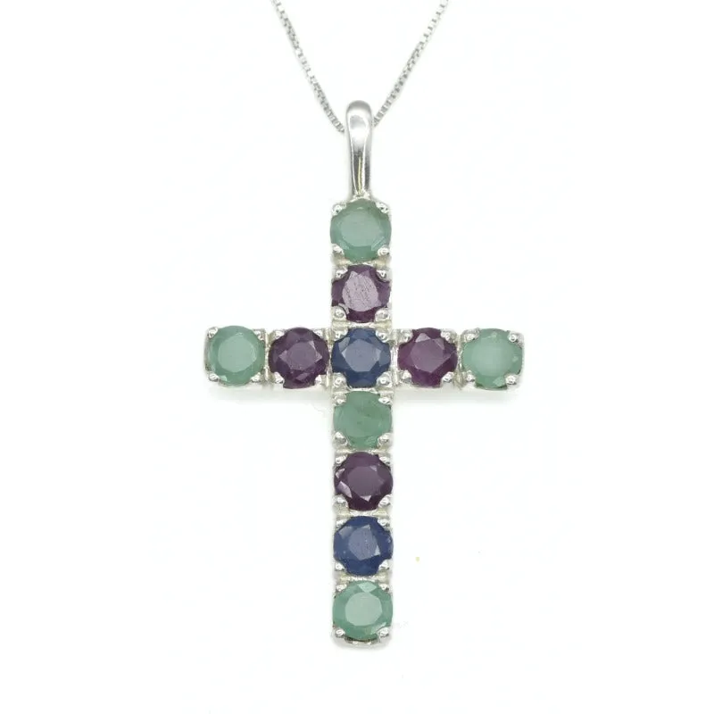 Emerald Cross Pendant - Statement Cross Necklace - Silver Ruby Pendant