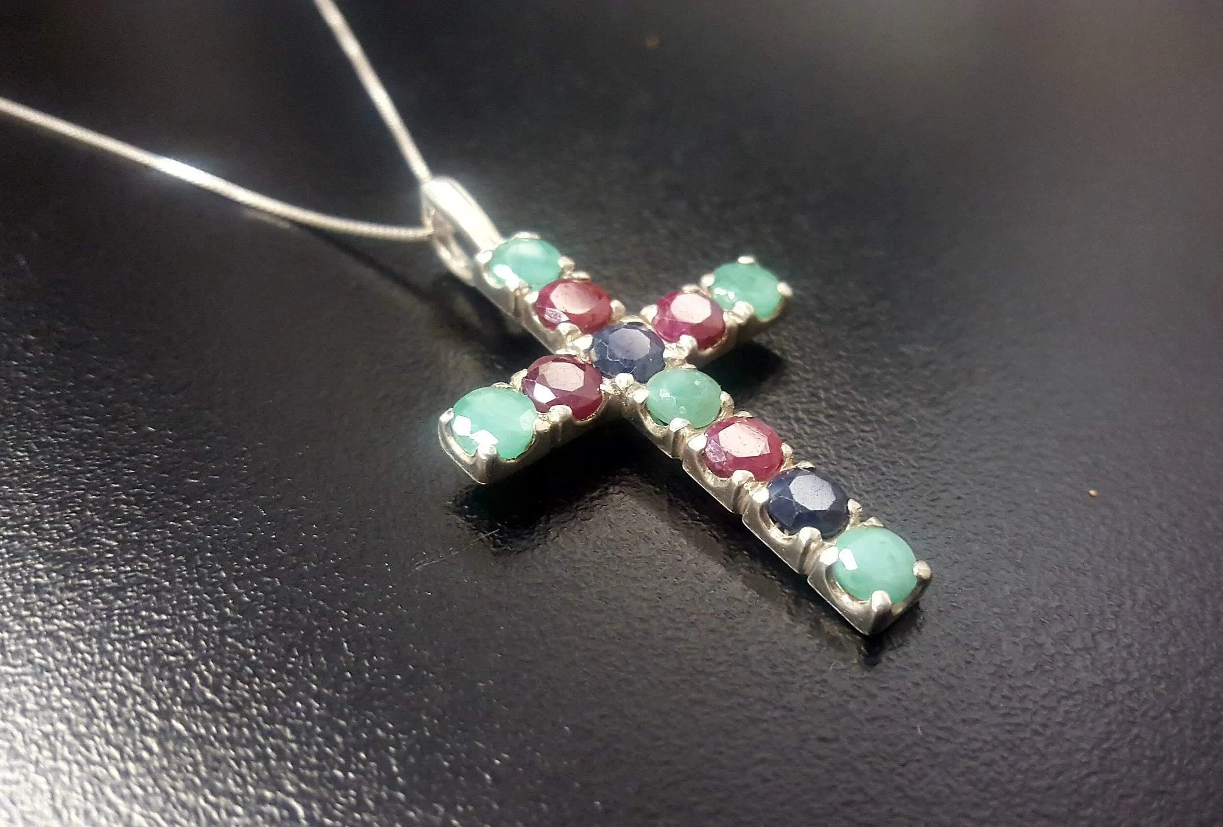 Emerald Cross Pendant - Statement Cross Necklace - Silver Ruby Pendant