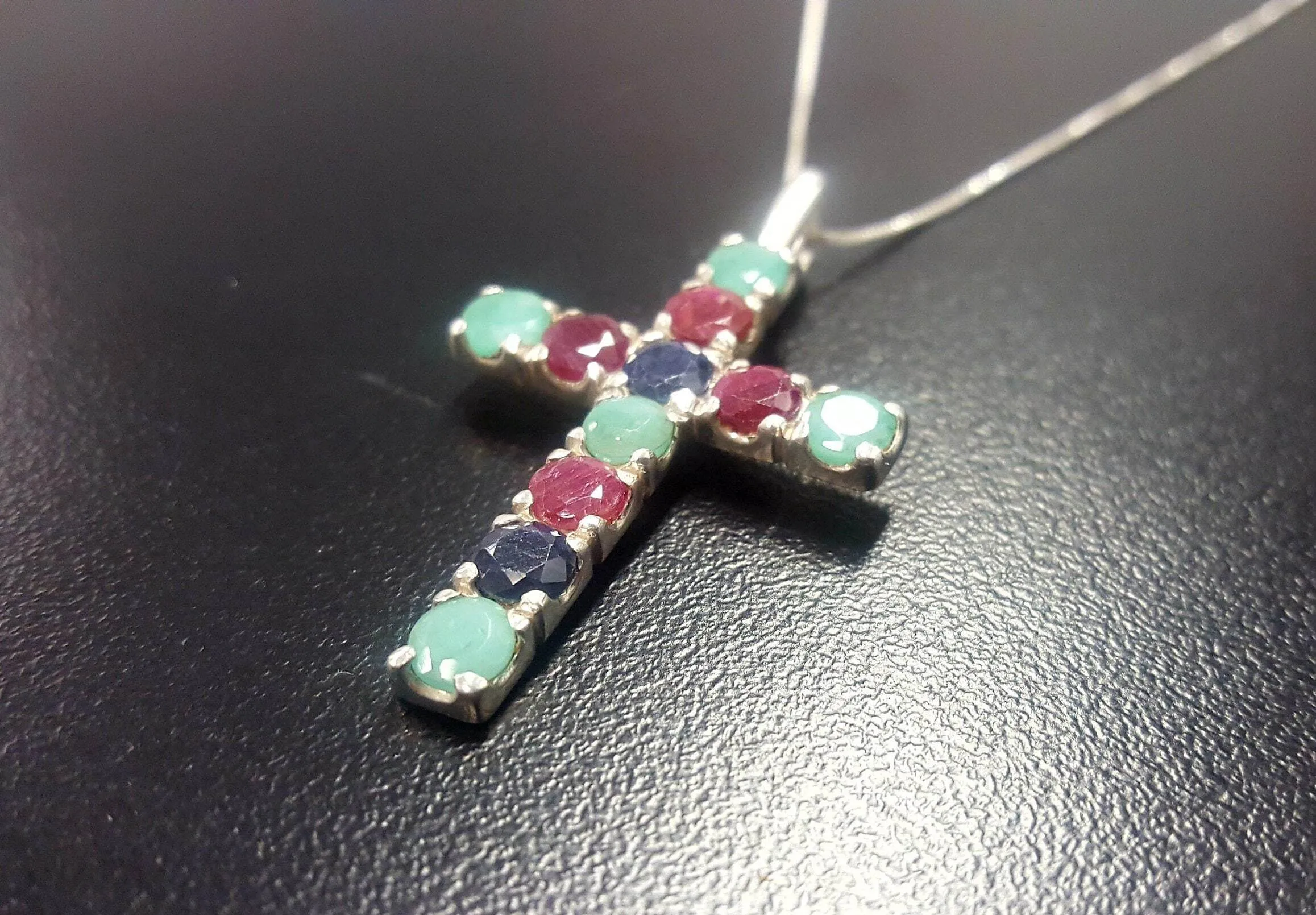 Emerald Cross Pendant - Statement Cross Necklace - Silver Ruby Pendant