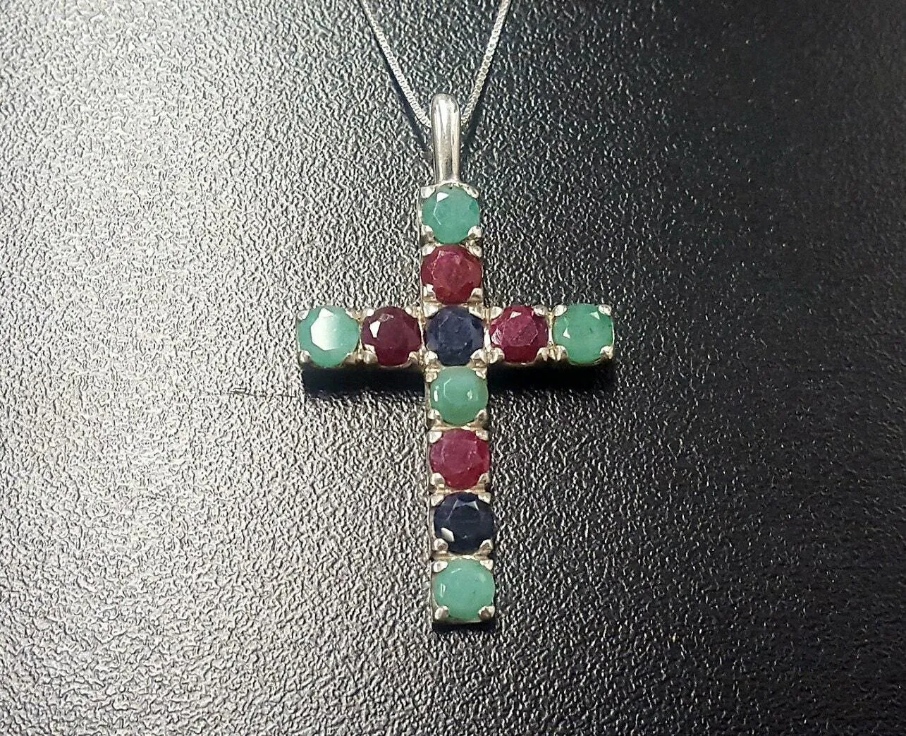 Emerald Cross Pendant - Statement Cross Necklace - Silver Ruby Pendant